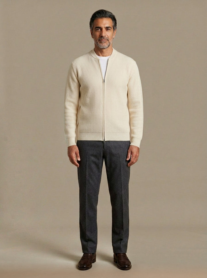 Hopkins ribbed zip cardigan in Cream, studio, Gentlemens Manor