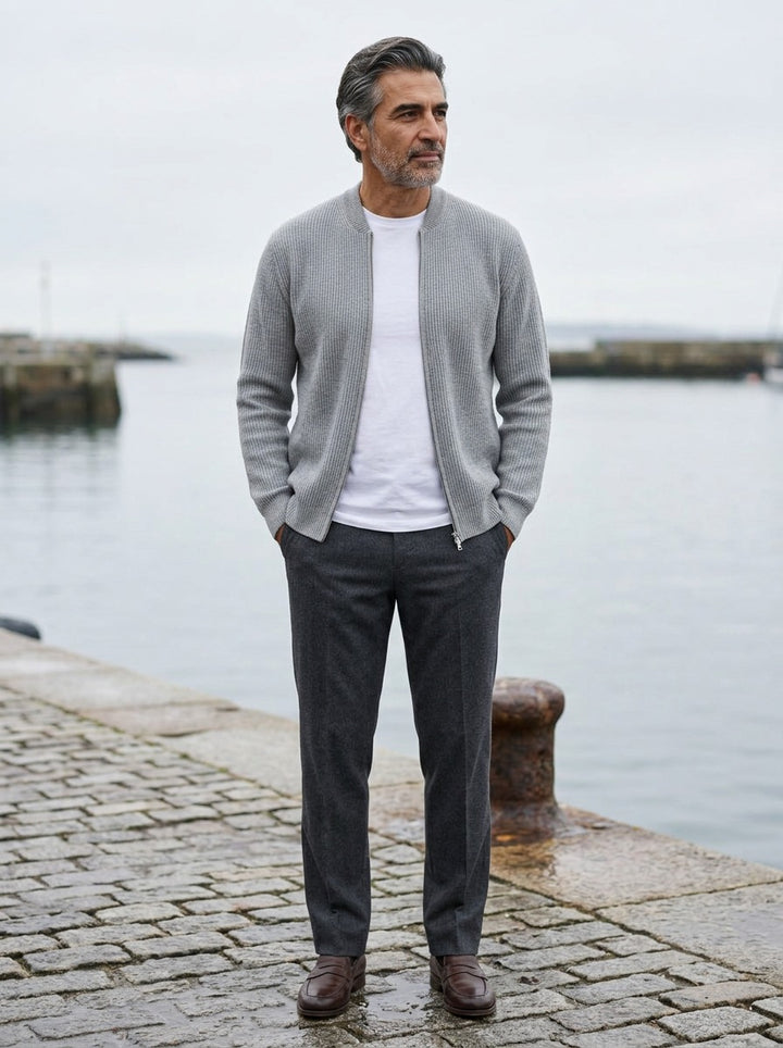 Hopkins ribbed zip cardigan in Grey, lifestyle on a stone harbor quay, Gentlemens Manor
