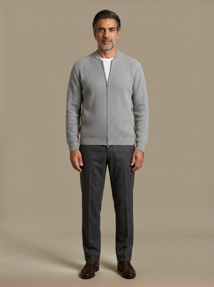 Hopkins ribbed zip cardigan in Grey, studio, Gentlemens Manor