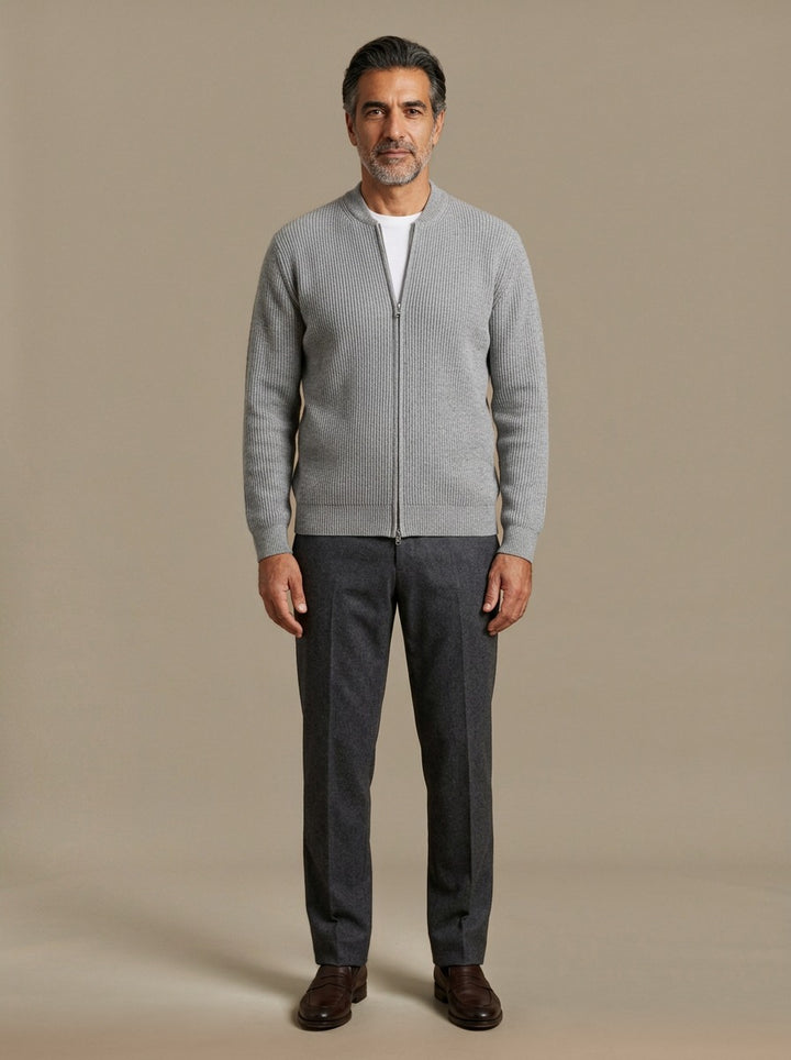 Hopkins ribbed zip cardigan in Grey, studio, Gentlemens Manor