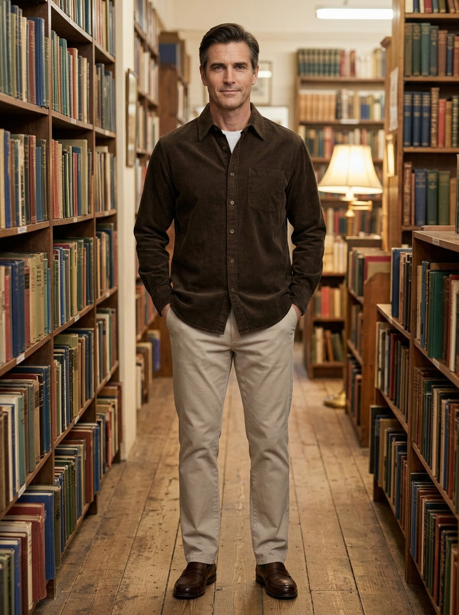 Horace fine corduroy shirt in Brown, lifestyle in a secondhand bookshop, Gentlemens Manor