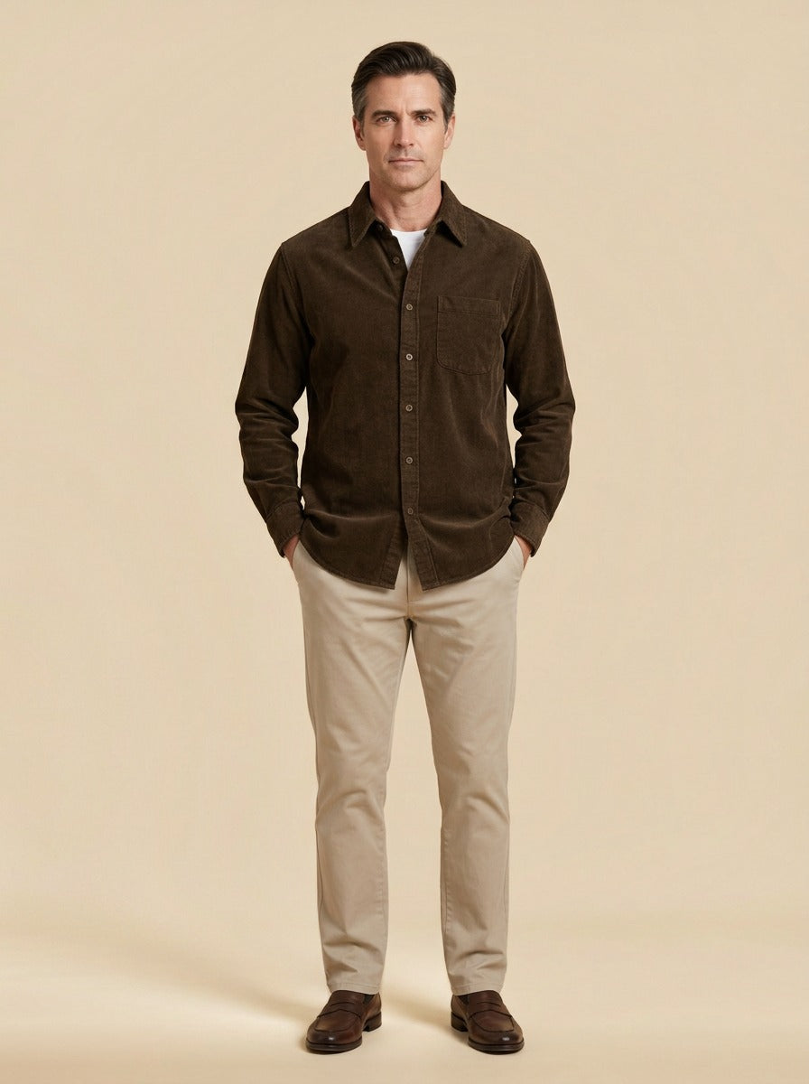 Horace fine corduroy shirt in Brown, studio, Gentlemens Manor