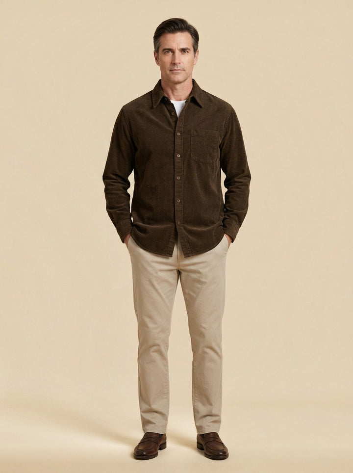 Horace fine corduroy shirt in Brown, studio, Gentlemens Manor