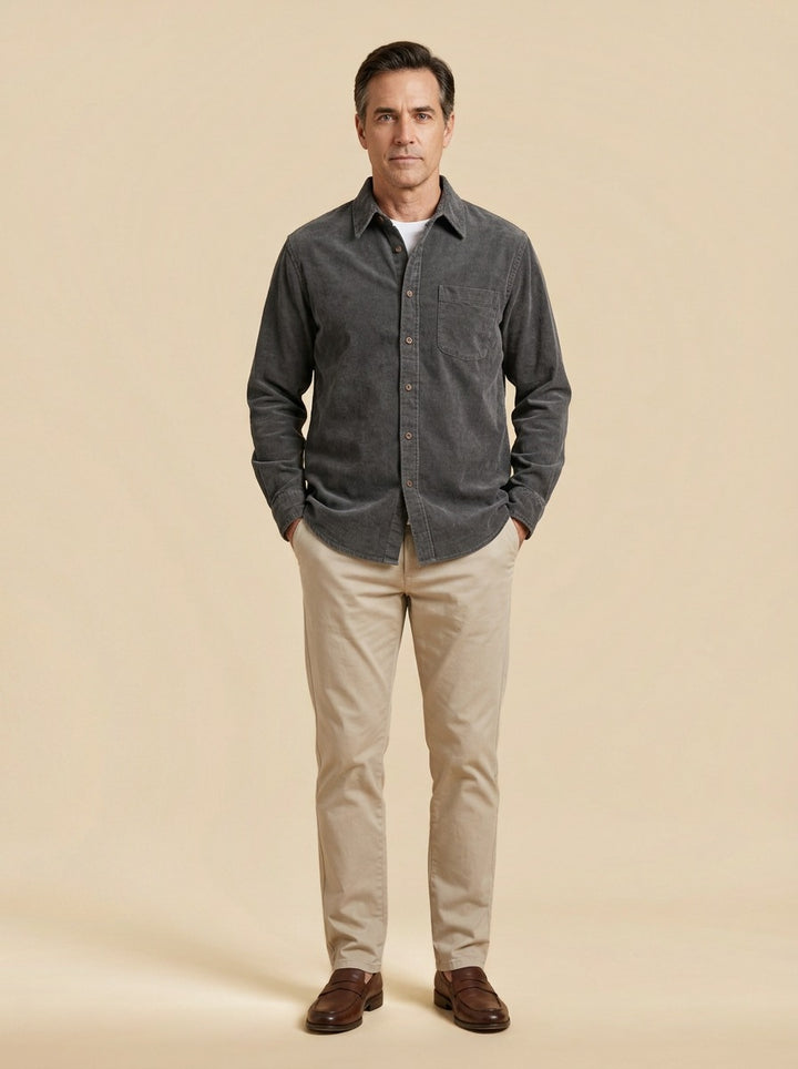 Horace fine corduroy shirt in Charcoal, studio, Gentlemens Manor