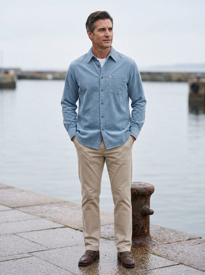 Horace fine corduroy shirt in Light Blue, lifestyle on a stone harbor quay, Gentlemens Manor