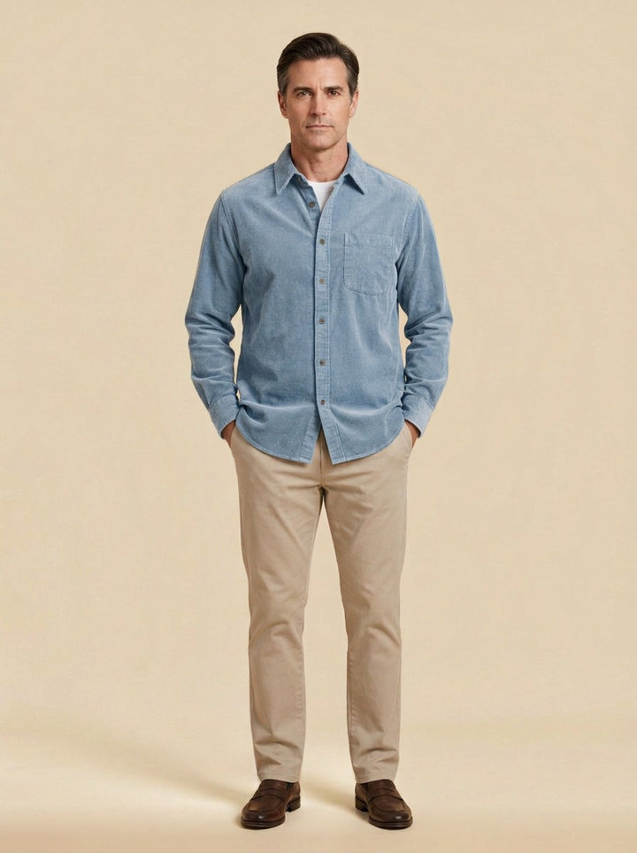 Horace fine corduroy shirt in Light Blue, studio, Gentlemens Manor