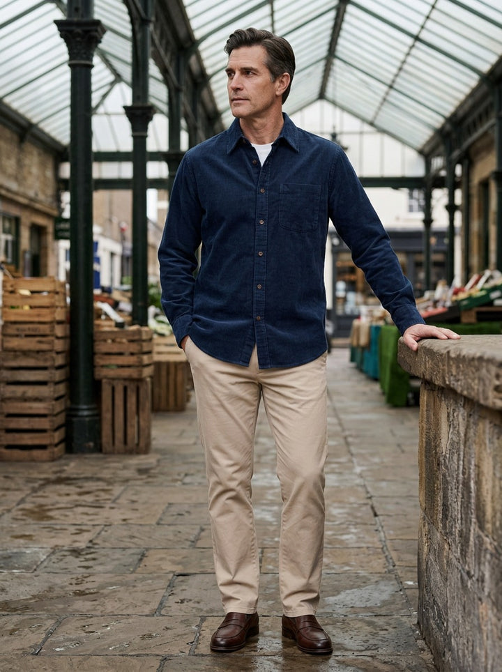 Horace fine corduroy shirt in Navy, lifestyle in a covered market hall, Gentlemens Manor