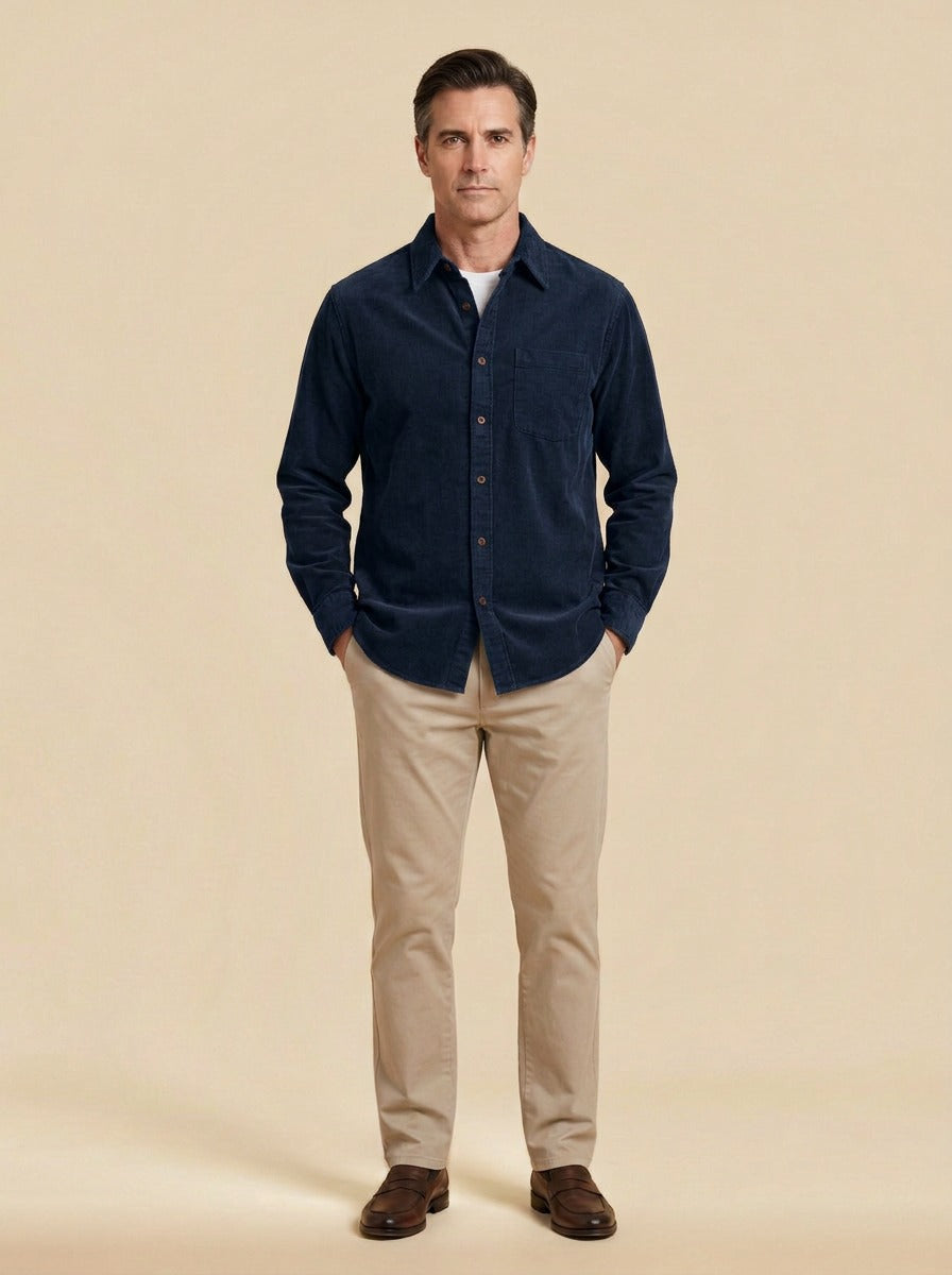 Horace fine corduroy shirt in Navy, studio, Gentlemens Manor