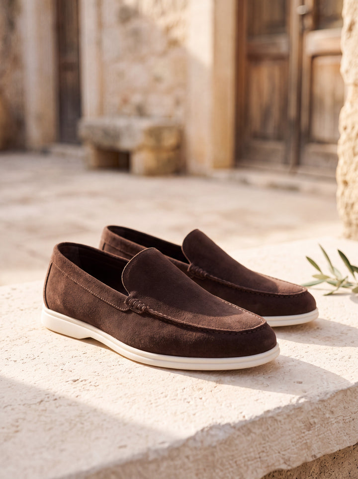 Howard slip-on shoes in Dark Brown, Mediterranean setting - Gentlemens Manor lifestyle
