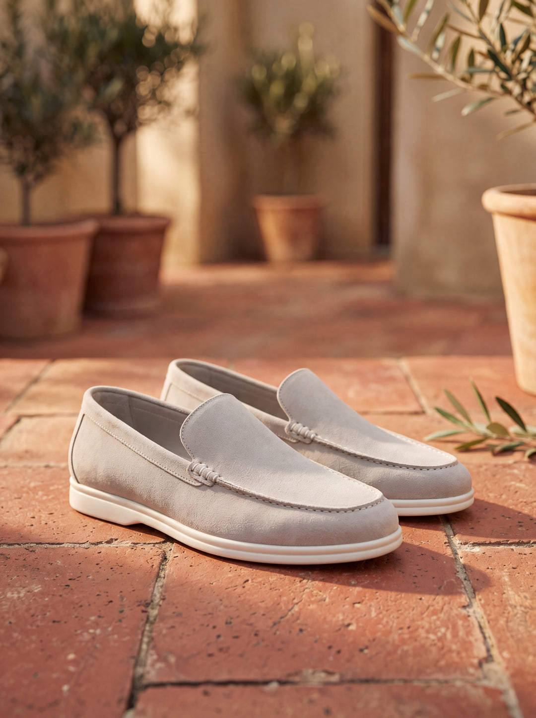 Howard slip-on shoes in Light Grey, Mediterranean setting - Gentlemens Manor lifestyle