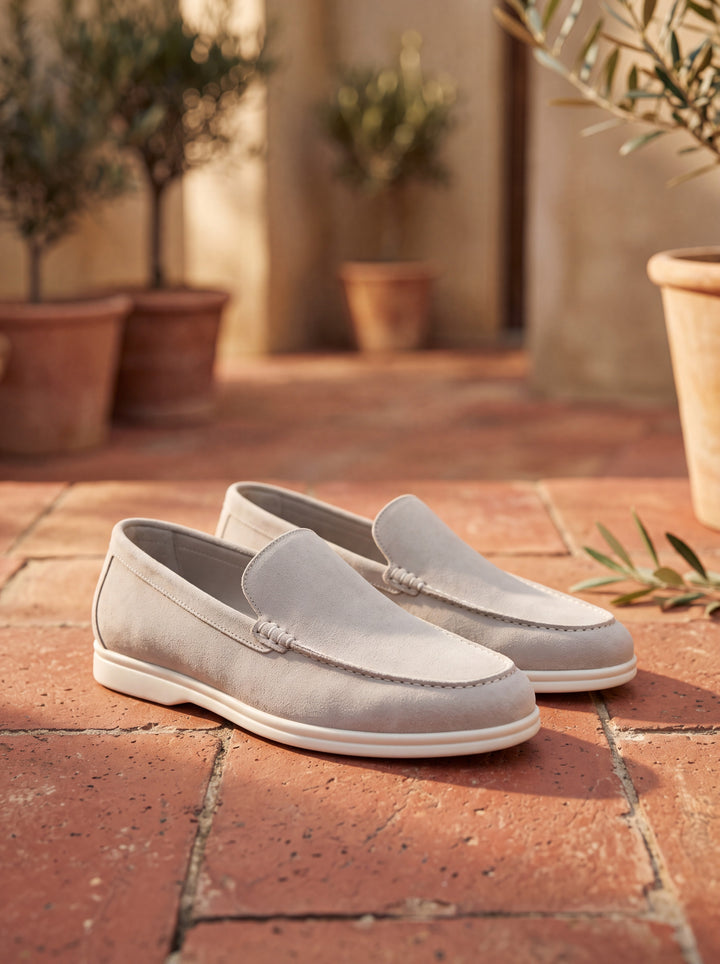 Howard slip-on shoes in Light Grey, Mediterranean setting - Gentlemens Manor lifestyle