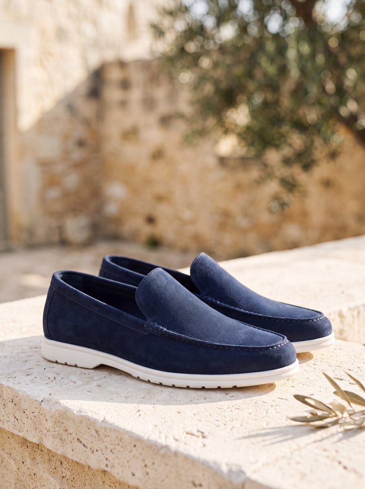 Howard slip-on shoes in Navy, Mediterranean setting - Gentlemens Manor lifestyle