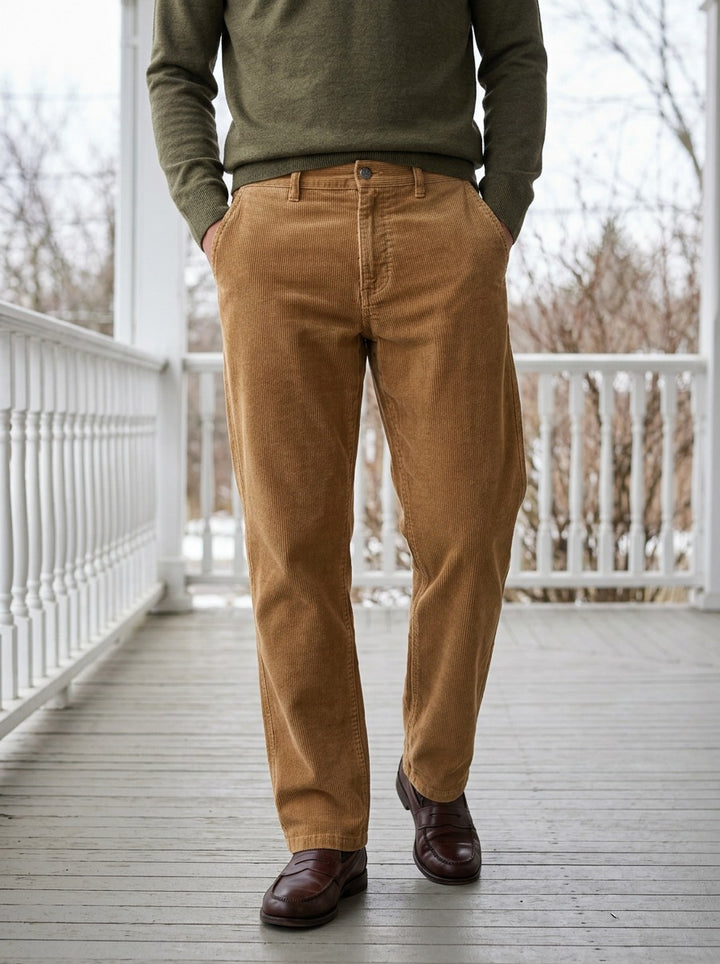 Howell wide wale corduroy pants in Camel, lifestyle on a covered porch, Gentlemens Manor