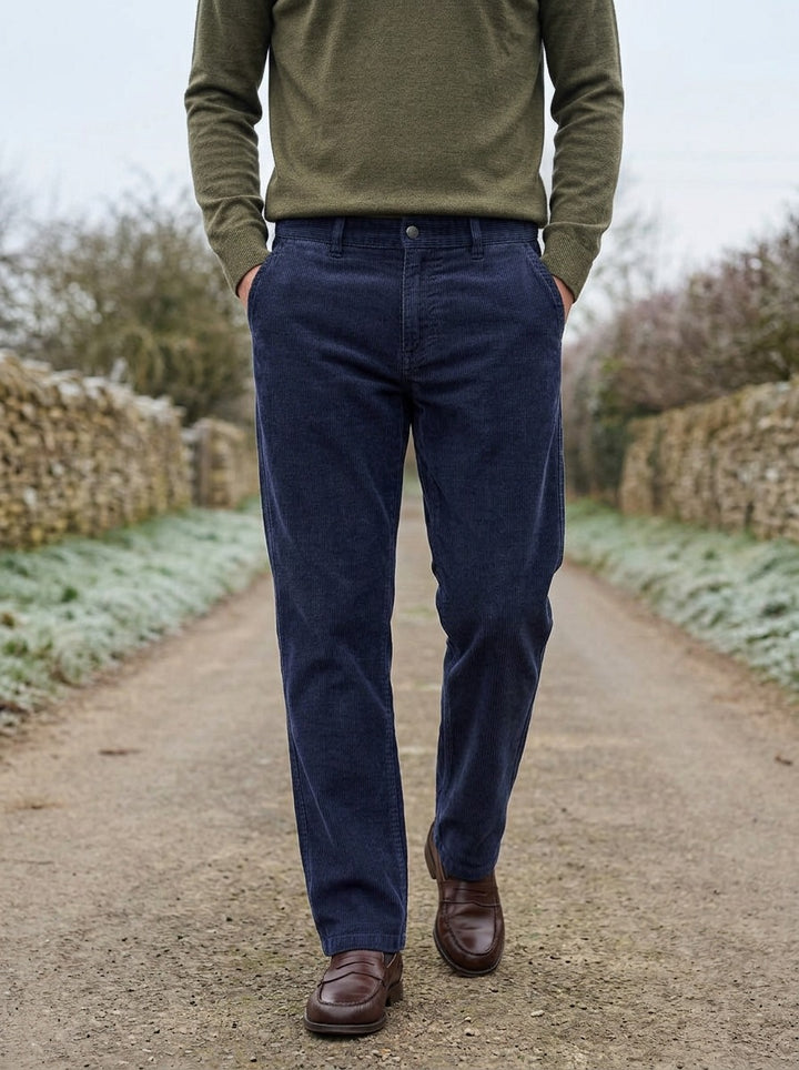 Howell wide wale corduroy pants in Navy, lifestyle on a country lane, Gentlemens Manor