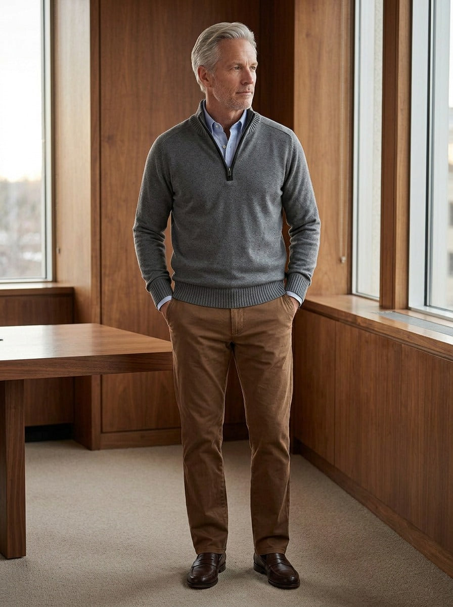 Hubbard quarter zip sweater in Charcoal, lifestyle in a timber paneled office, Gentlemens Manor
