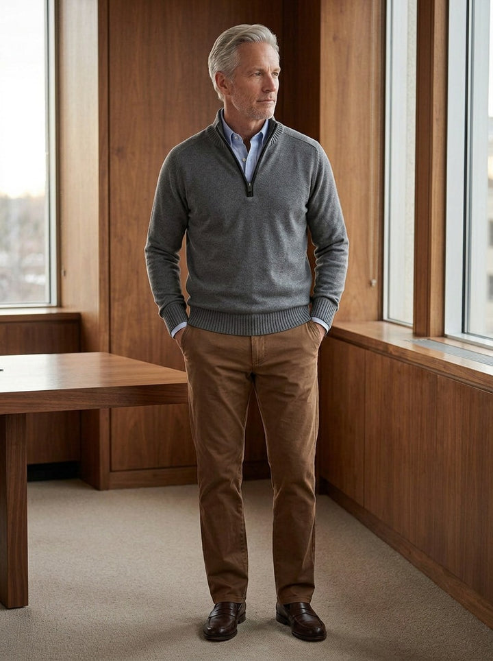 Hubbard quarter zip sweater in Charcoal, lifestyle in a timber paneled office, Gentlemens Manor