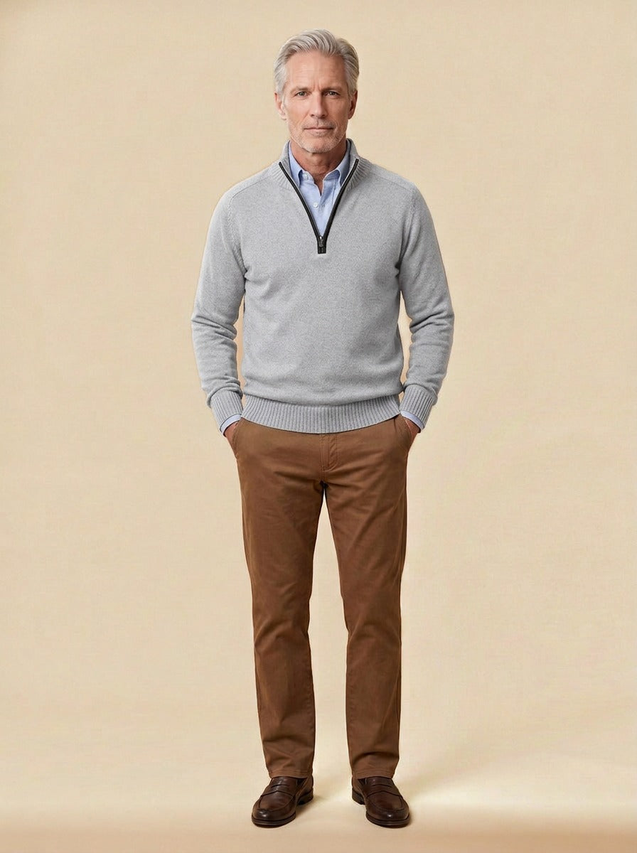 Hubbard quarter zip sweater in Light Grey, studio, Gentlemens Manor
