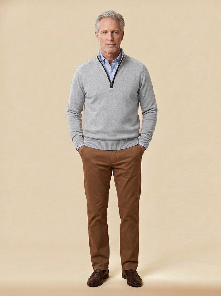Hubbard quarter zip sweater in Light Grey, studio, Gentlemens Manor