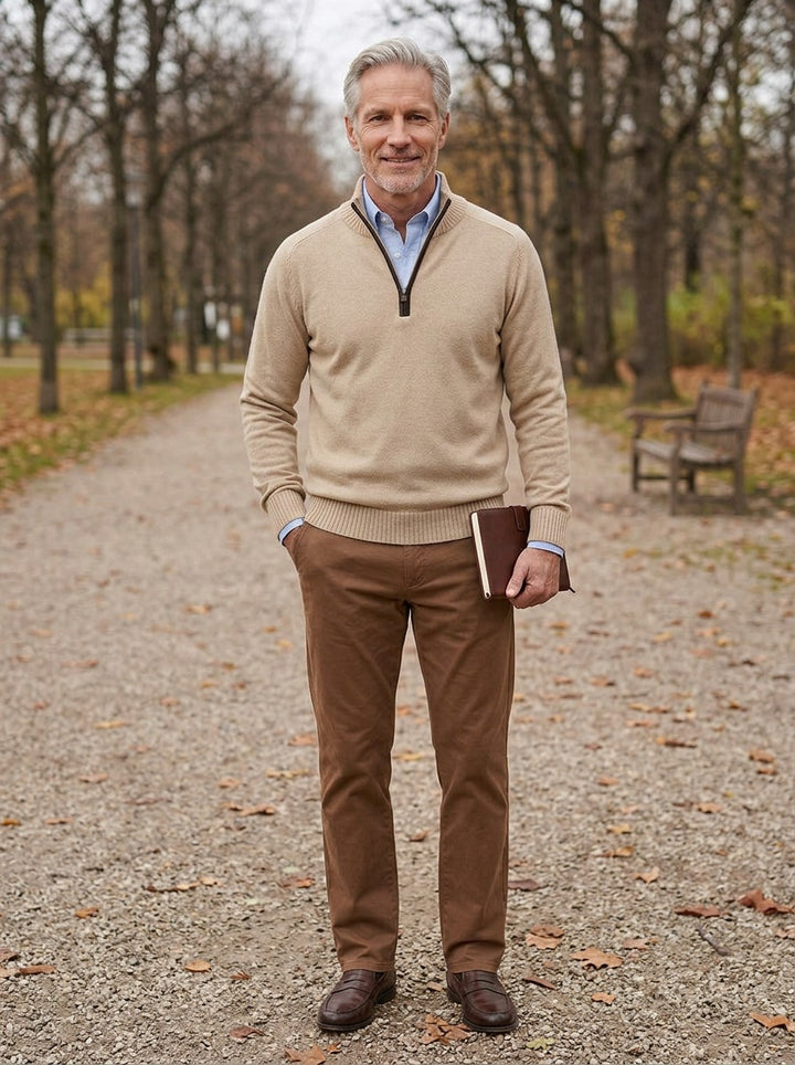Hubbard quarter zip sweater in Sand, lifestyle on a park path, Gentlemens Manor