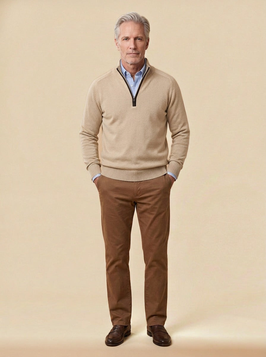 Hubbard quarter zip sweater in Sand, studio, Gentlemens Manor