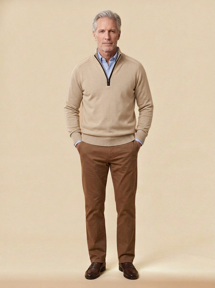 Hubbard quarter zip sweater in Sand, studio, Gentlemens Manor