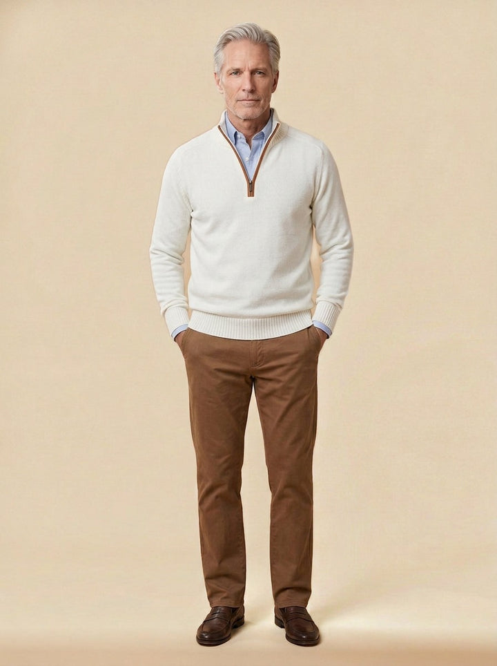 Hubbard quarter zip sweater in White, studio, Gentlemens Manor