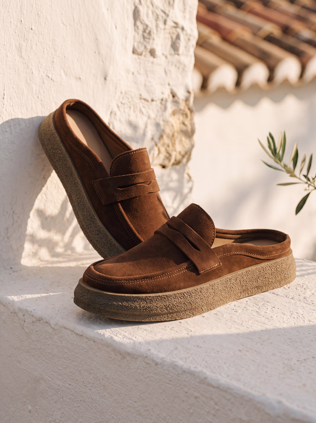 Hubert loafers in Brown, Mediterranean setting - Gentlemens Manor lifestyle