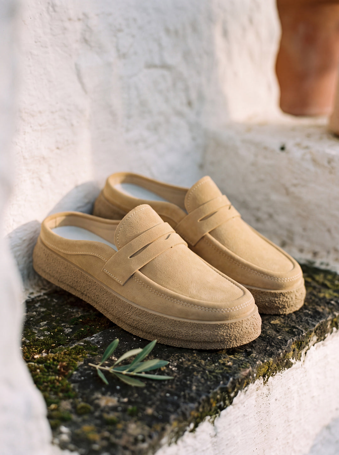 Hubert loafers in Sand, Mediterranean setting - Gentlemens Manor lifestyle