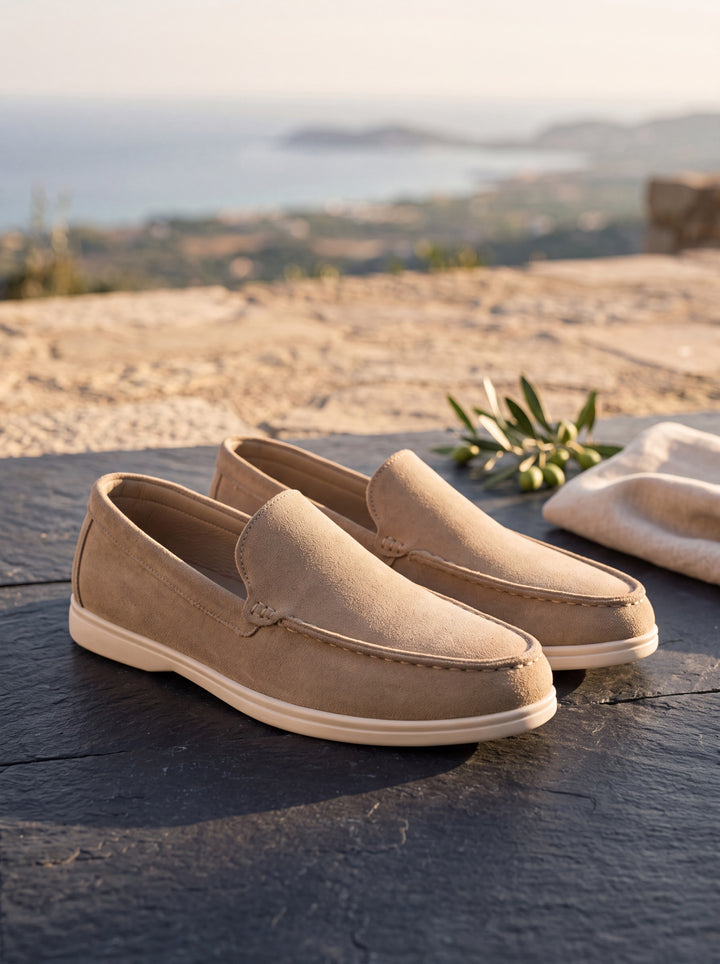Hudson loafers in Beige, Mediterranean setting - Gentlemens Manor lifestyle