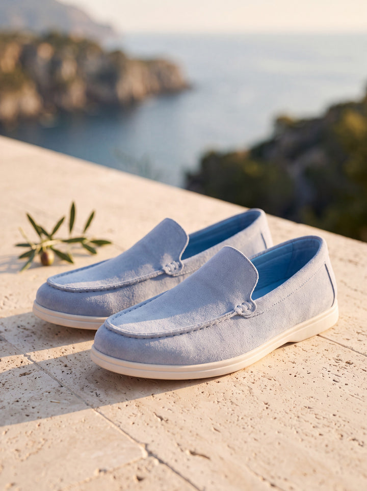 Hudson loafers in Blue, Mediterranean setting - Gentlemens Manor lifestyle
