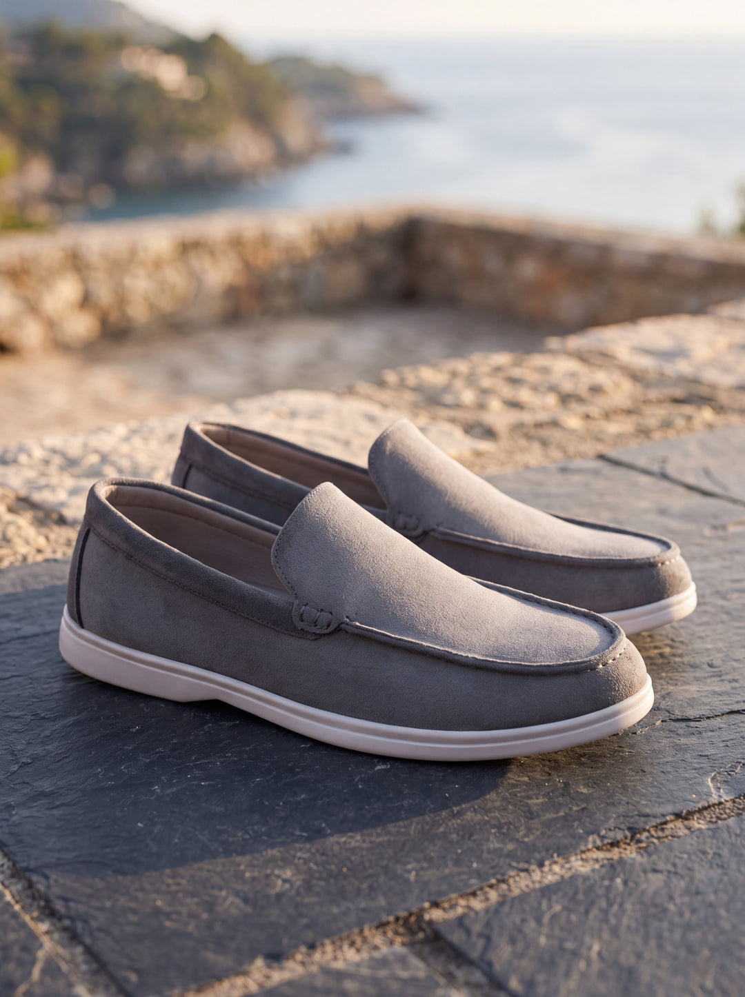 Hudson loafers in Grey, Mediterranean setting - Gentlemens Manor lifestyle