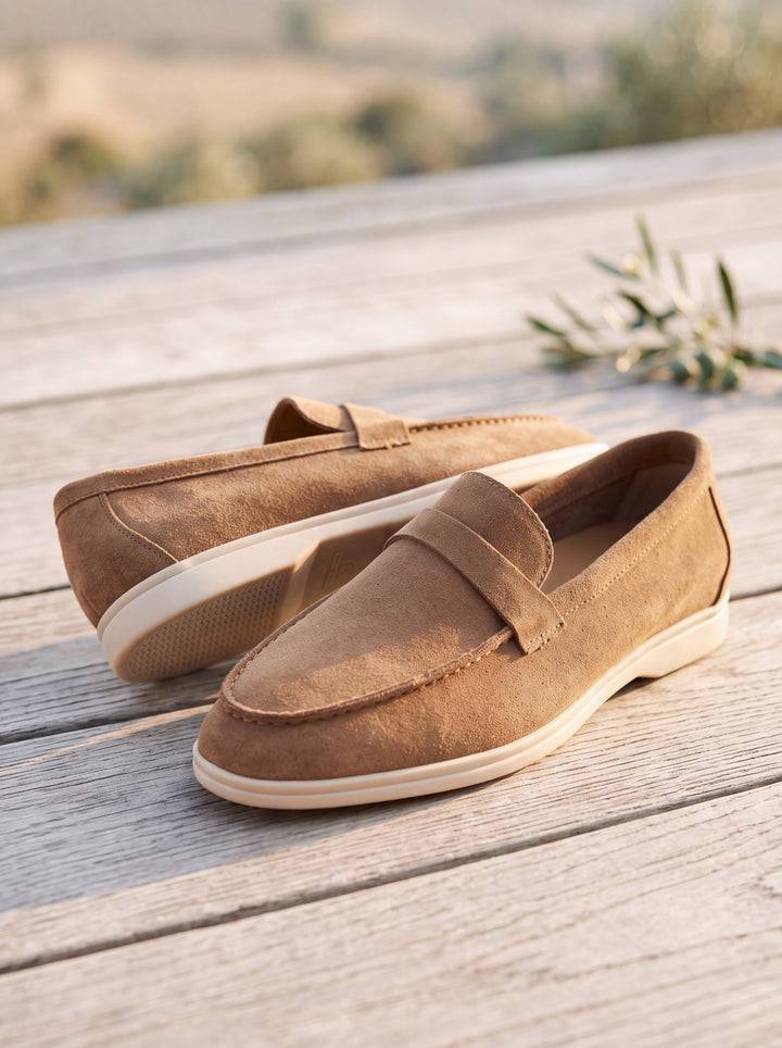 Hugh loafers in Brown, Mediterranean setting - Gentlemens Manor lifestyle