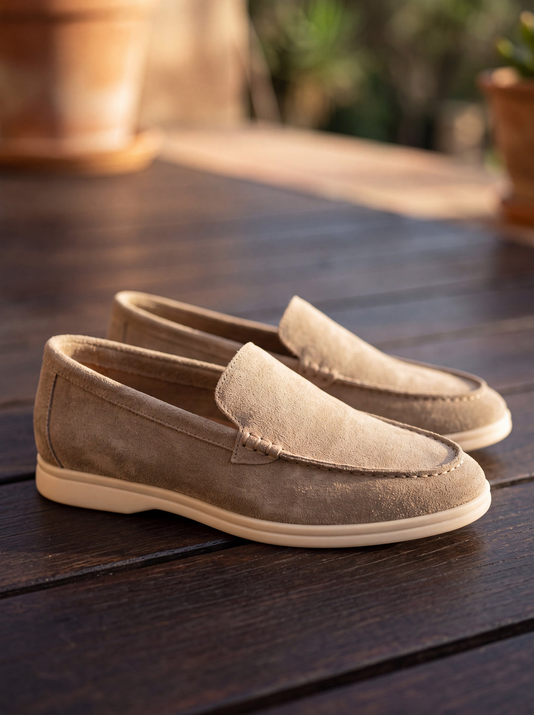 Hugh loafers in Sand, Mediterranean setting - Gentlemens Manor lifestyle