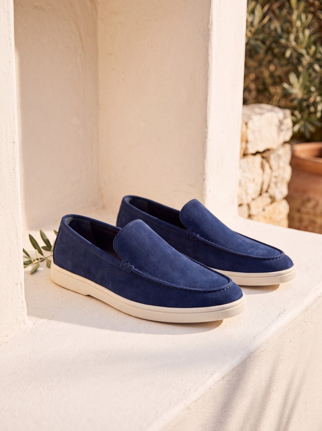 Humphrey loafers in Blue, Mediterranean setting - Gentlemens Manor lifestyle