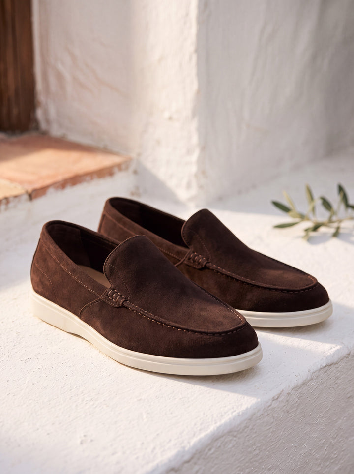 Humphrey loafers in Brown, Mediterranean setting - Gentlemens Manor lifestyle