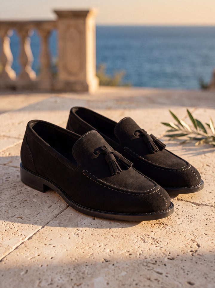 Hunter loafers in Black, Mediterranean setting - Gentlemens Manor lifestyle