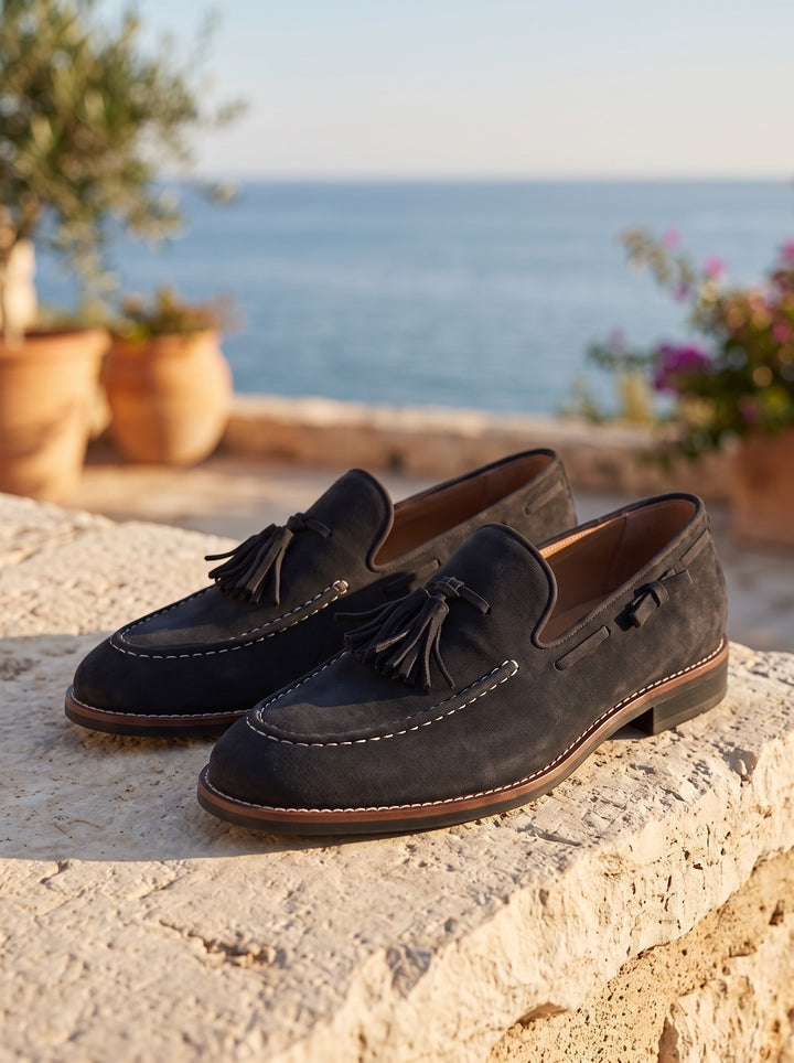 Hunter loafers in Black, Mediterranean setting - Gentlemens Manor lifestyle