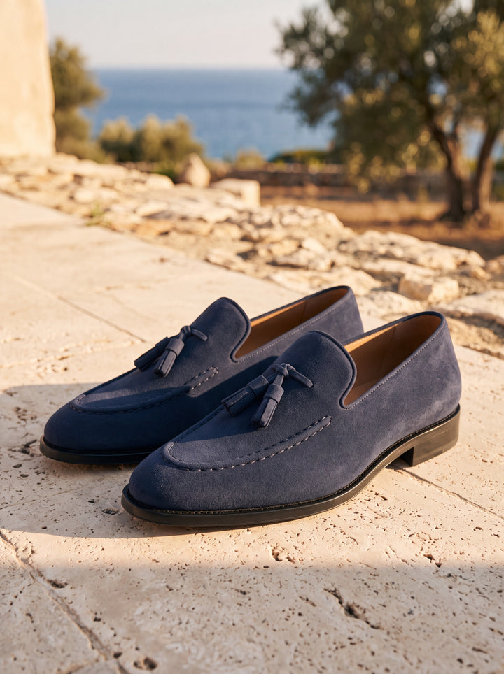 Hunter loafers in Blue, Mediterranean setting - Gentlemens Manor lifestyle