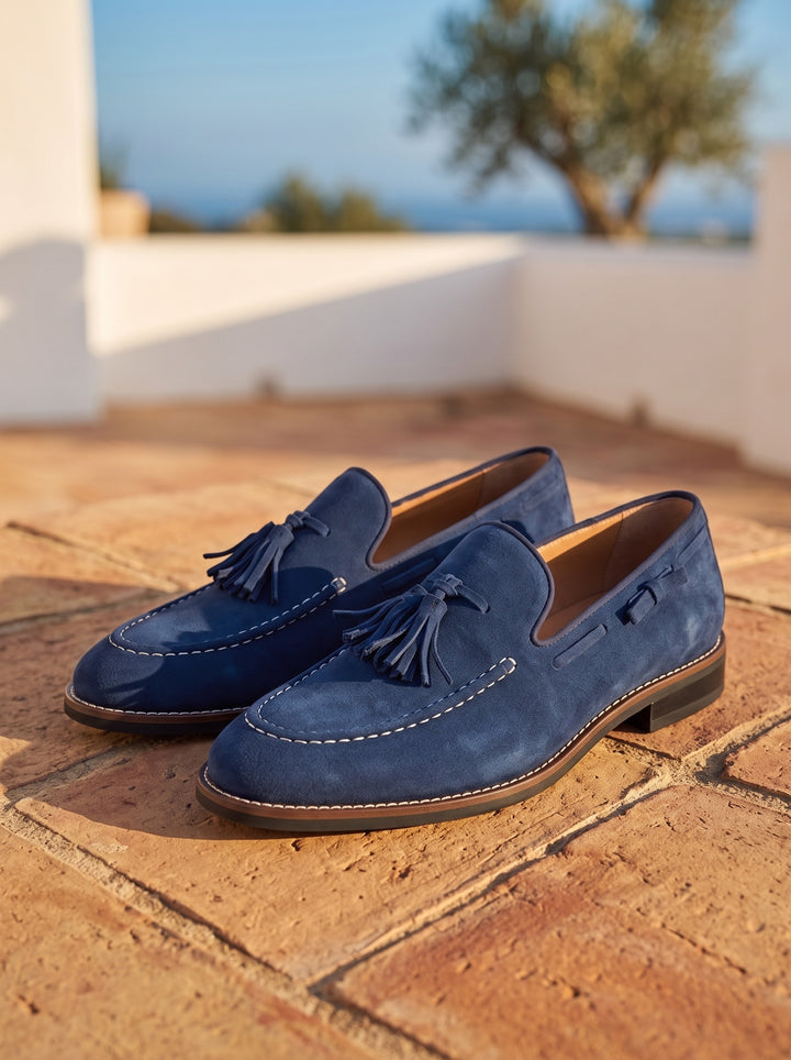 Hunter loafers in Blue, Mediterranean setting - Gentlemens Manor lifestyle