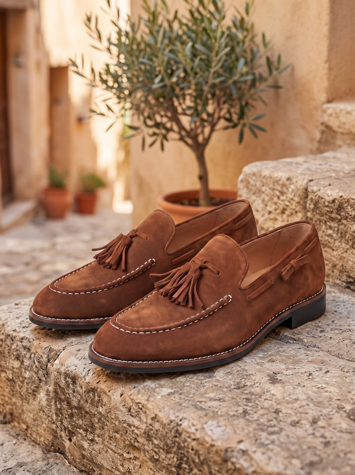 Hunter loafers in Brown, Mediterranean setting - Gentlemens Manor lifestyle