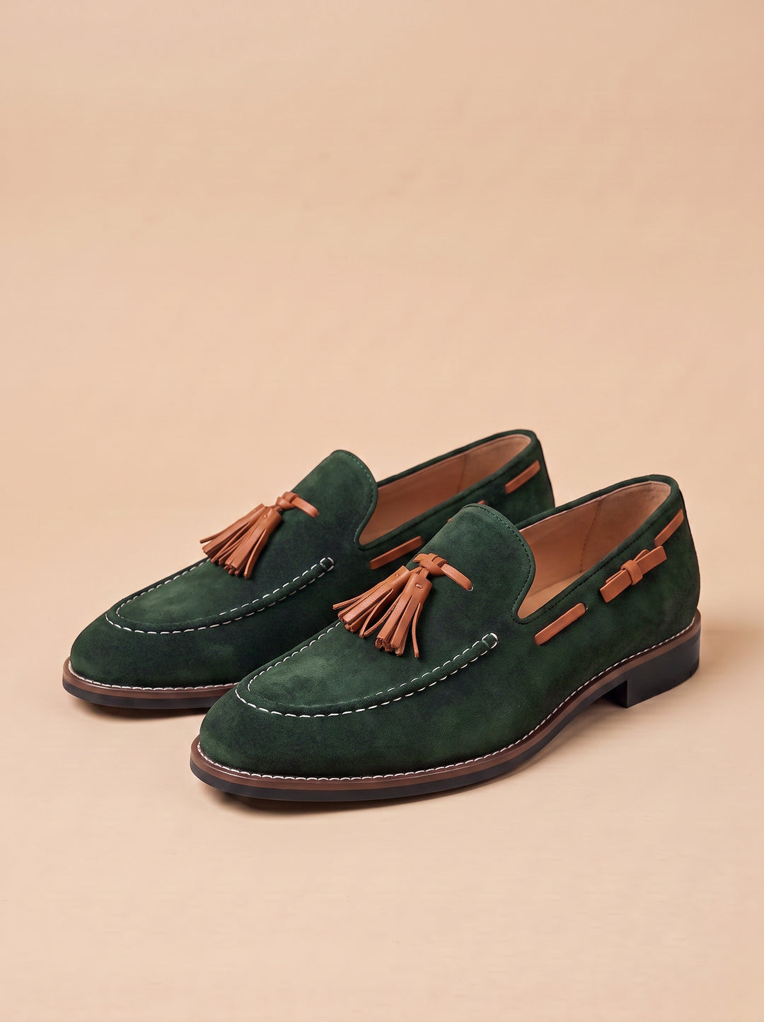Hunter loafers in Green with tan tassels, studio, Gentlemens Manor