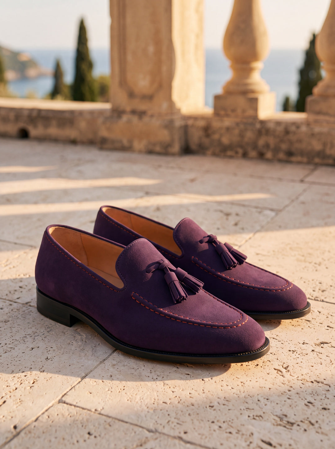 Hunter loafers in Purple, Mediterranean setting - Gentlemens Manor lifestyle