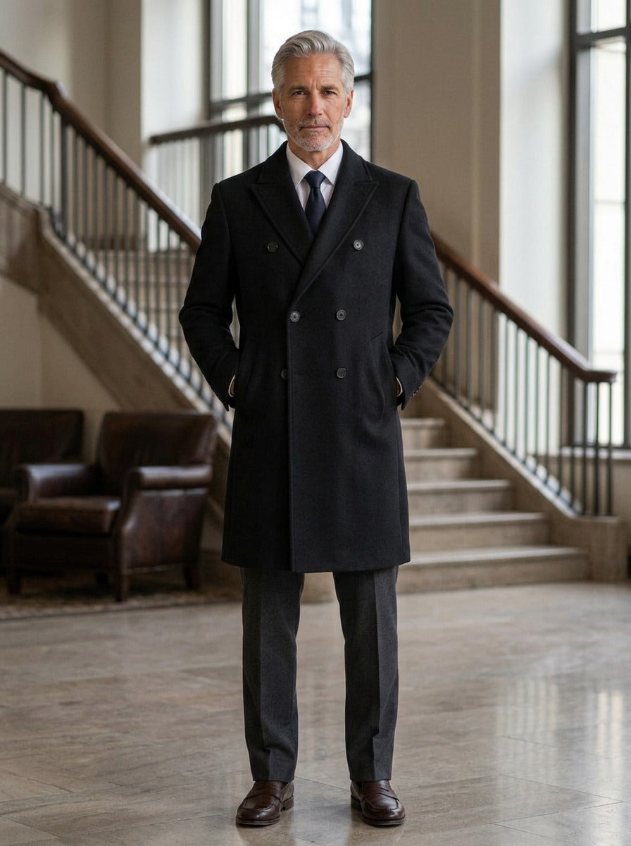 Huntington double breasted peak lapel overcoat in Black, lifestyle in a hotel lobby, Gentlemens Manor