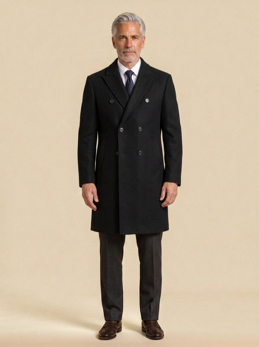 Huntington double breasted peak lapel overcoat in Black, studio, Gentlemens Manor