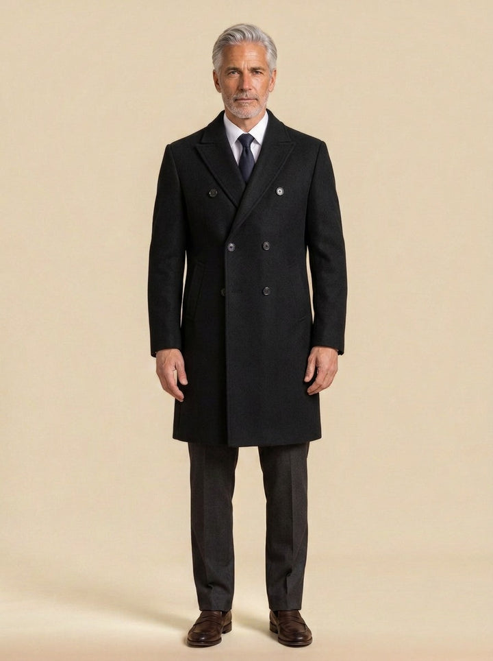 Huntington double breasted peak lapel overcoat in Black, studio, Gentlemens Manor