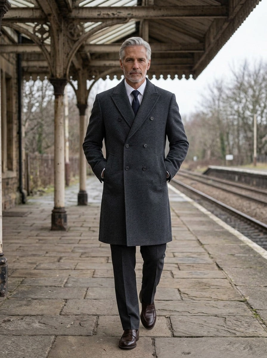 Huntington double breasted peak lapel overcoat in Charcoal, lifestyle on a railway platform, Gentlemens Manor
