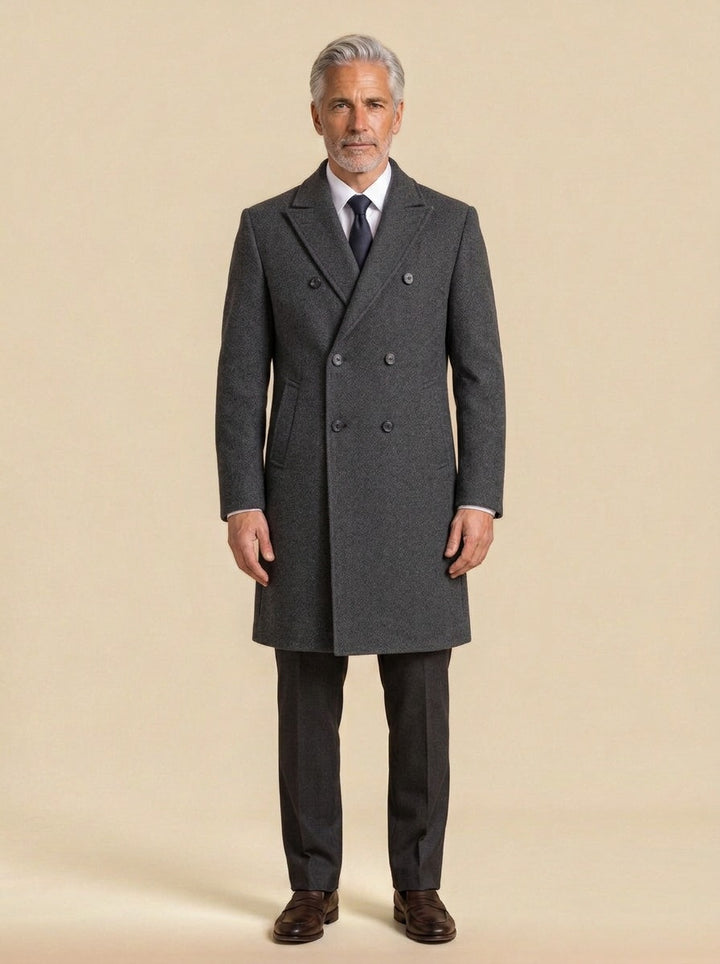 Huntington double breasted peak lapel overcoat in Charcoal, studio, Gentlemens Manor