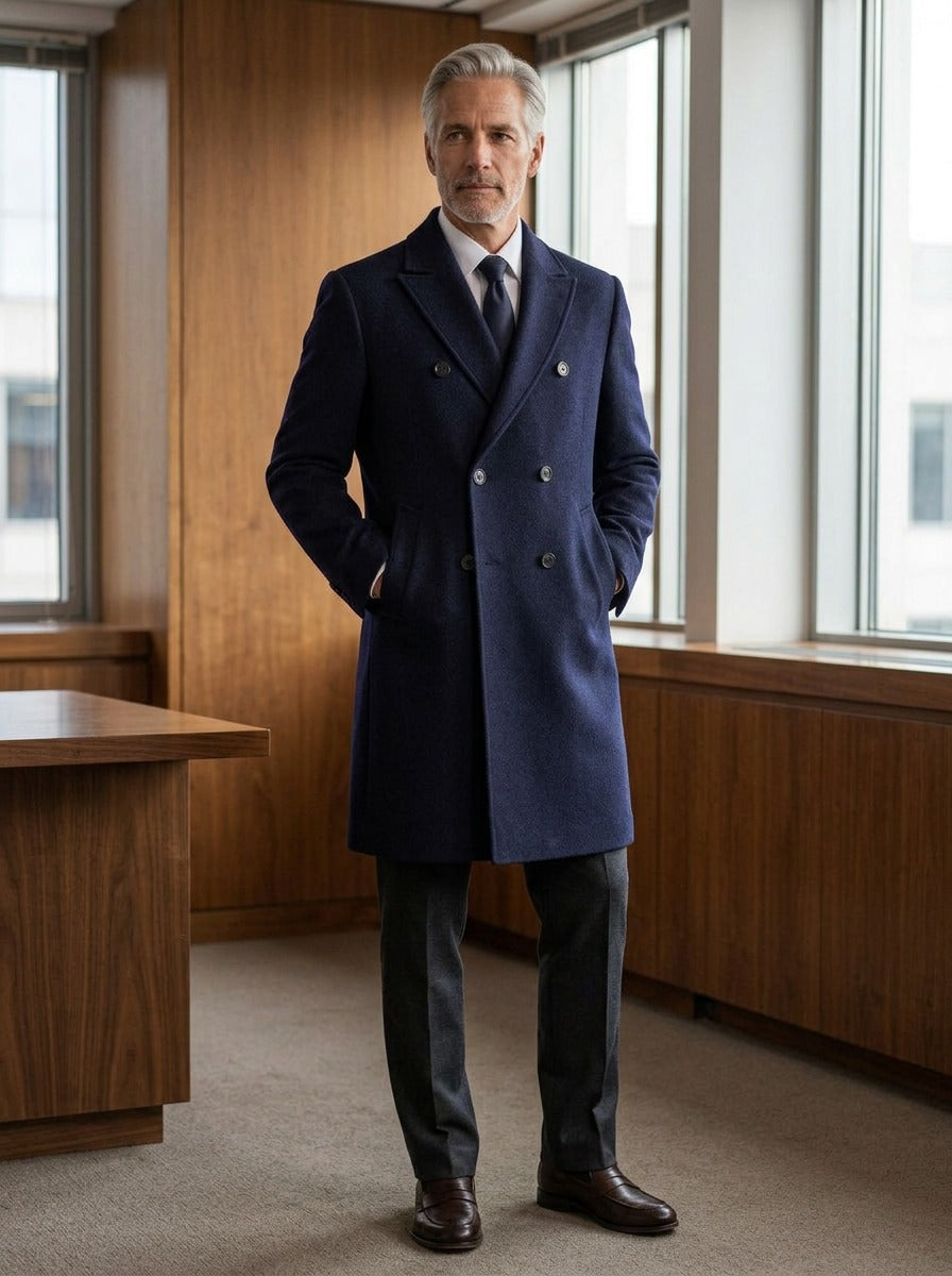 Huntington double breasted peak lapel overcoat in Navy, lifestyle in a timber paneled office, Gentlemens Manor