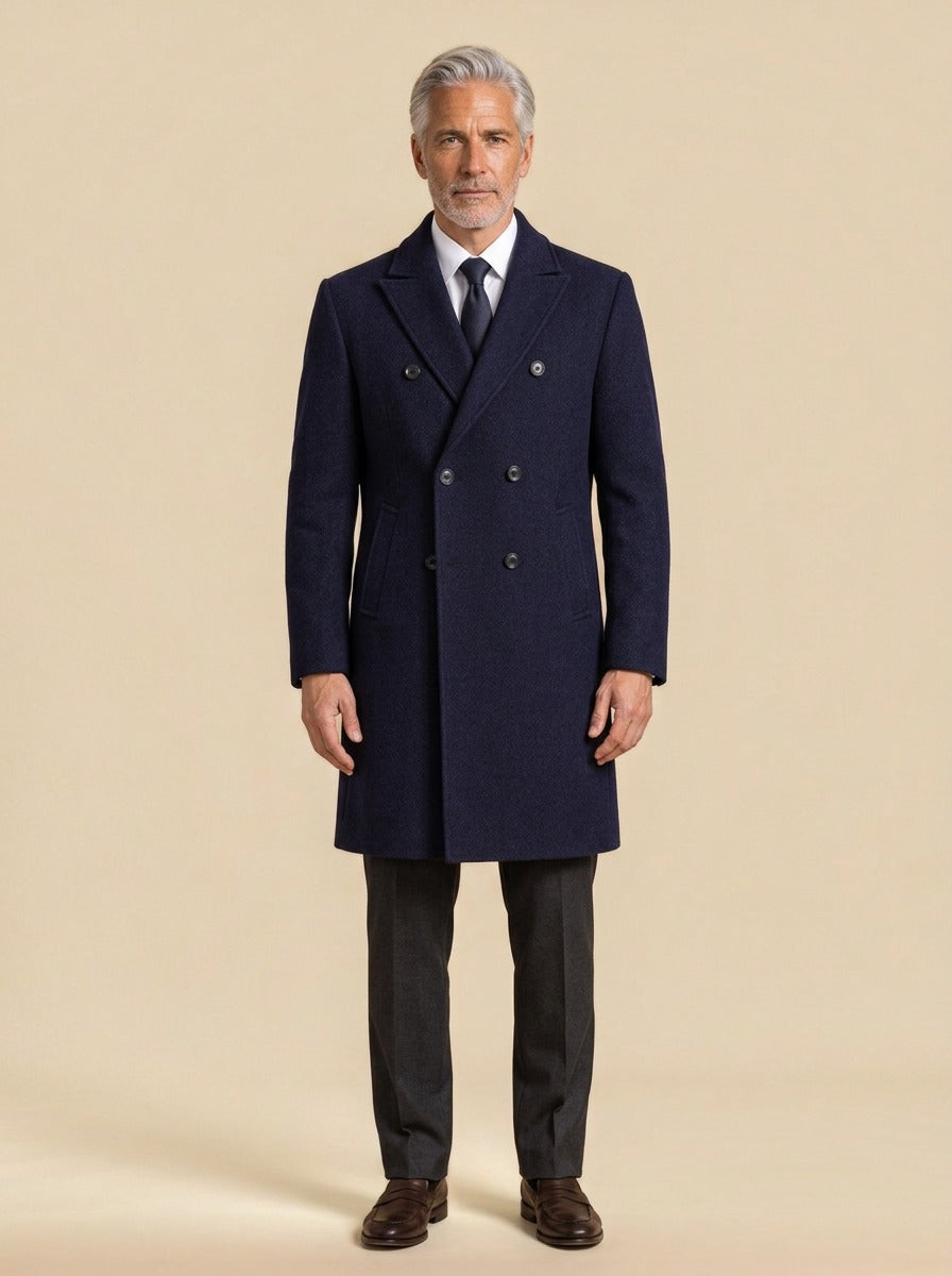 Huntington double breasted peak lapel overcoat in Navy, studio, Gentlemens Manor