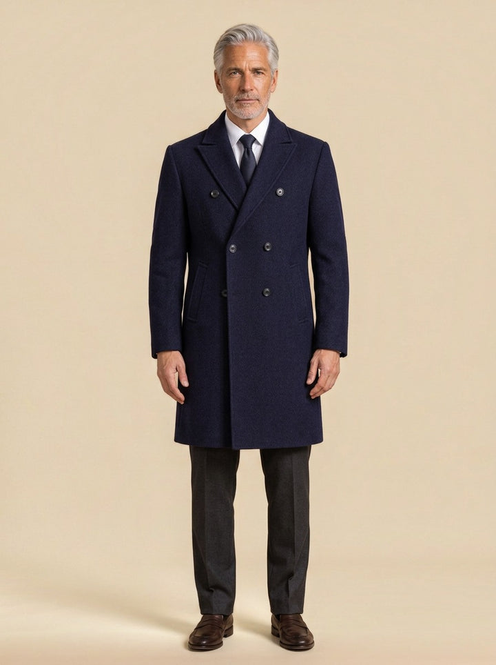 Huntington double breasted peak lapel overcoat in Navy, studio, Gentlemens Manor